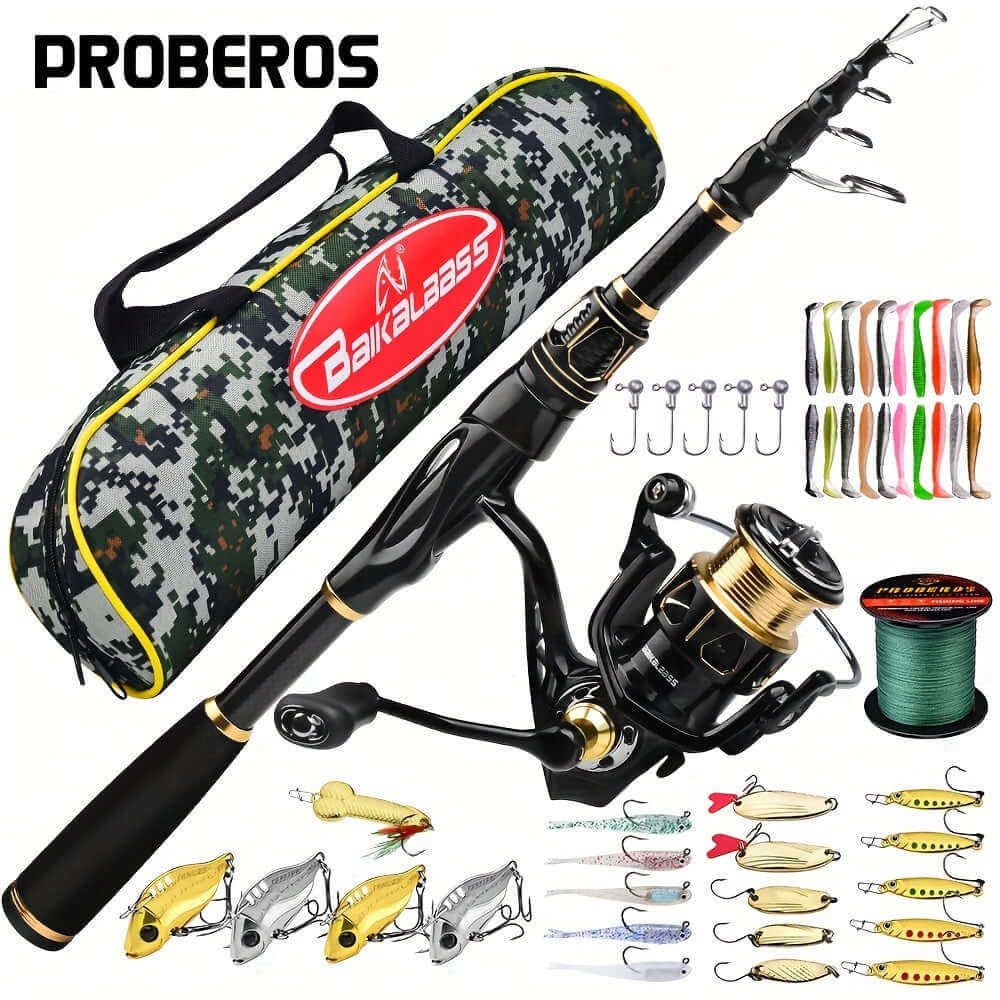 PROBEROS Fishing Rod Reel Combo Kit - Spinning Reel, 1.8m-2.4m/5.9ft-7.9ft Pole, Line, Lure, Hooks - Full Set With Storage Bag - For Beginners & Enthusiasts - Ideal for Freshwater & Saltwater Fishing - Great Gift for Outdoor Lovers.