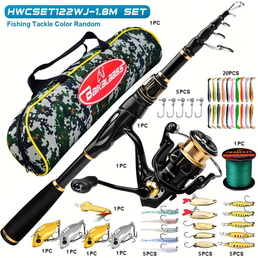 PROBEROS Fishing Rod Reel Combo Kit - Spinning Reel, 1.8m-2.4m/5.9ft-7.9ft Pole, Line, Lure, Hooks - Full Set With Storage Bag - For Beginners & Enthusiasts - Ideal for Freshwater & Saltwater Fishing - Great Gift for Outdoor Lovers.
