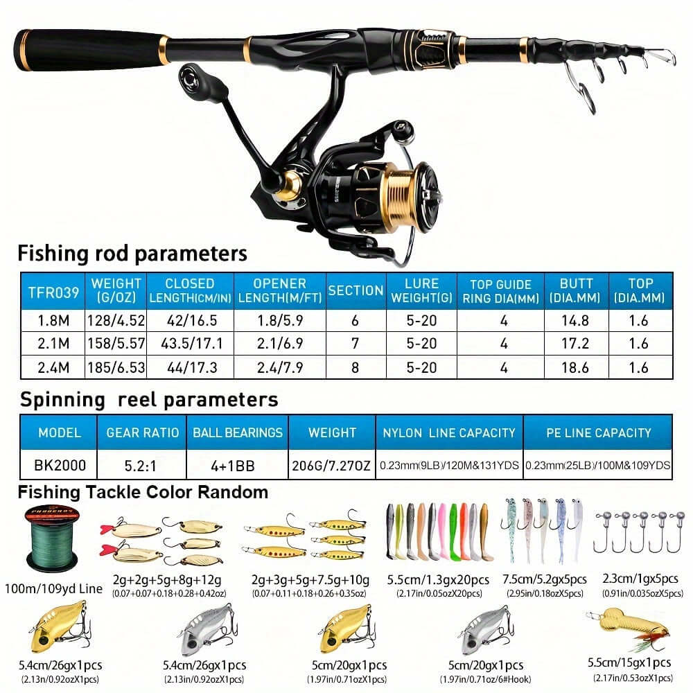 PROBEROS Fishing Rod Reel Combo Kit - Spinning Reel, 1.8m-2.4m/5.9ft-7.9ft Pole, Line, Lure, Hooks - Full Set With Storage Bag - For Beginners & Enthusiasts - Ideal for Freshwater & Saltwater Fishing - Great Gift for Outdoor Lovers.
