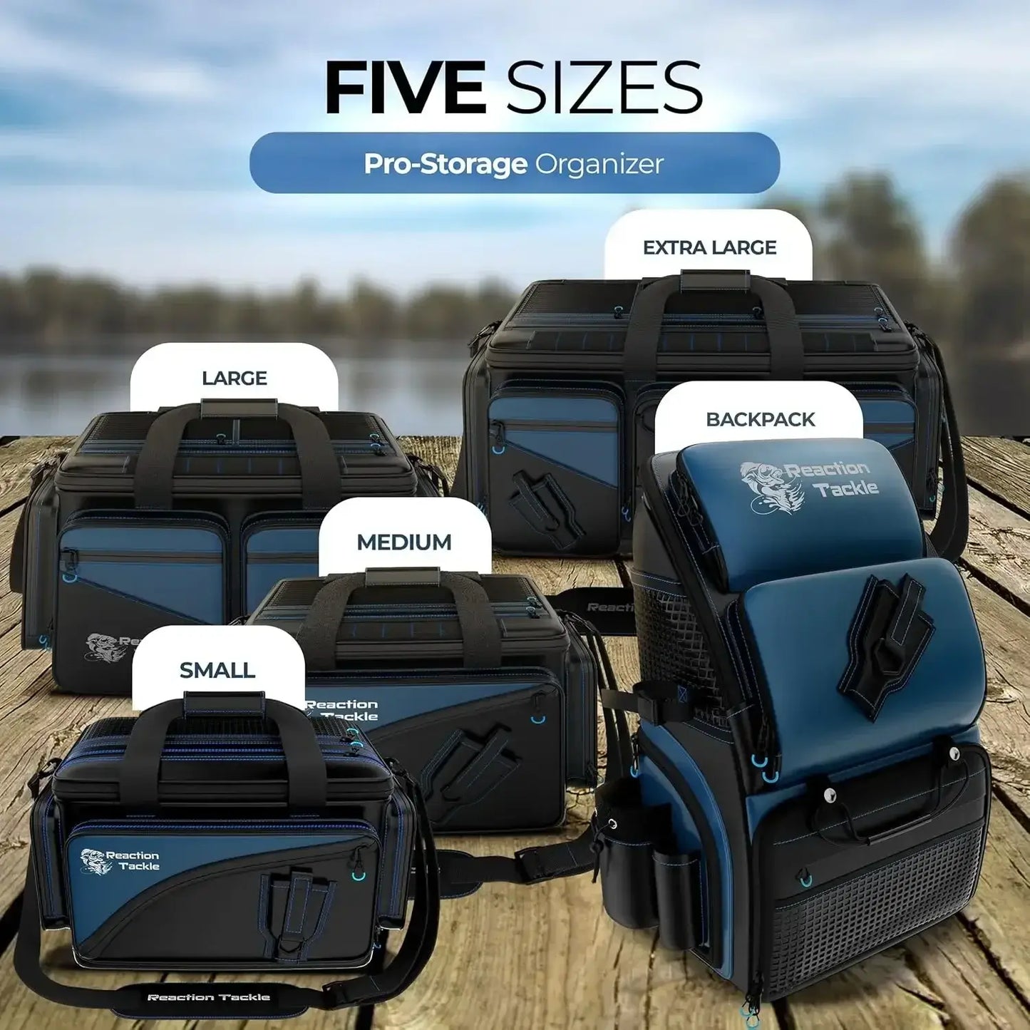 Reaction Tackle Pro-Storage Organizers in five sizes: extra large, large, medium, small, and backpack for fishing gear.