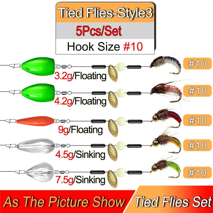 Ready Tied Flies Set featuring 5 pieces with varying weights and sizes, ideal for trout fishing with rod and reel.