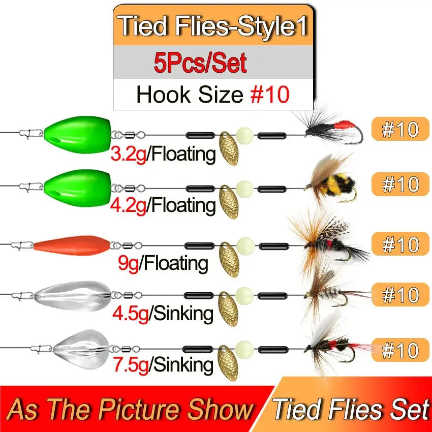 Set of 5 Tied Flies with varying sizes and sink rates, perfect for trout fishing using normal rods and reels.
