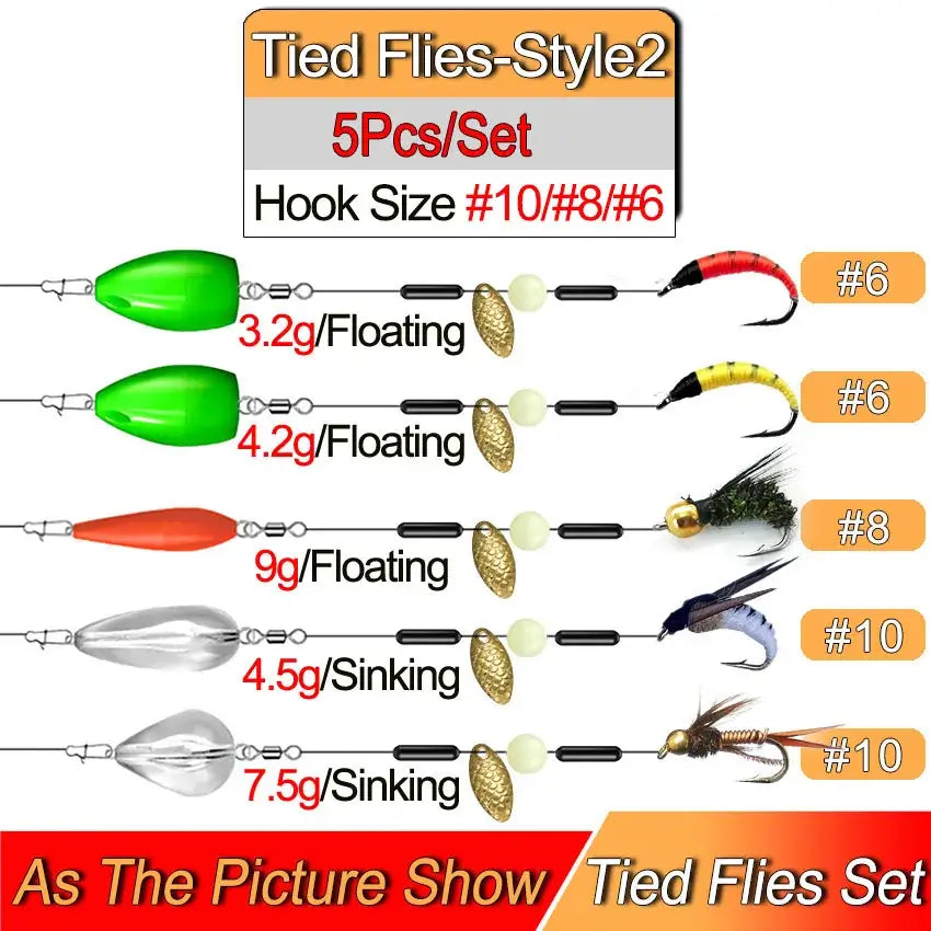 5-piece Ready Tied Flies Set showcasing various hook sizes and weights for effective trout fishing.