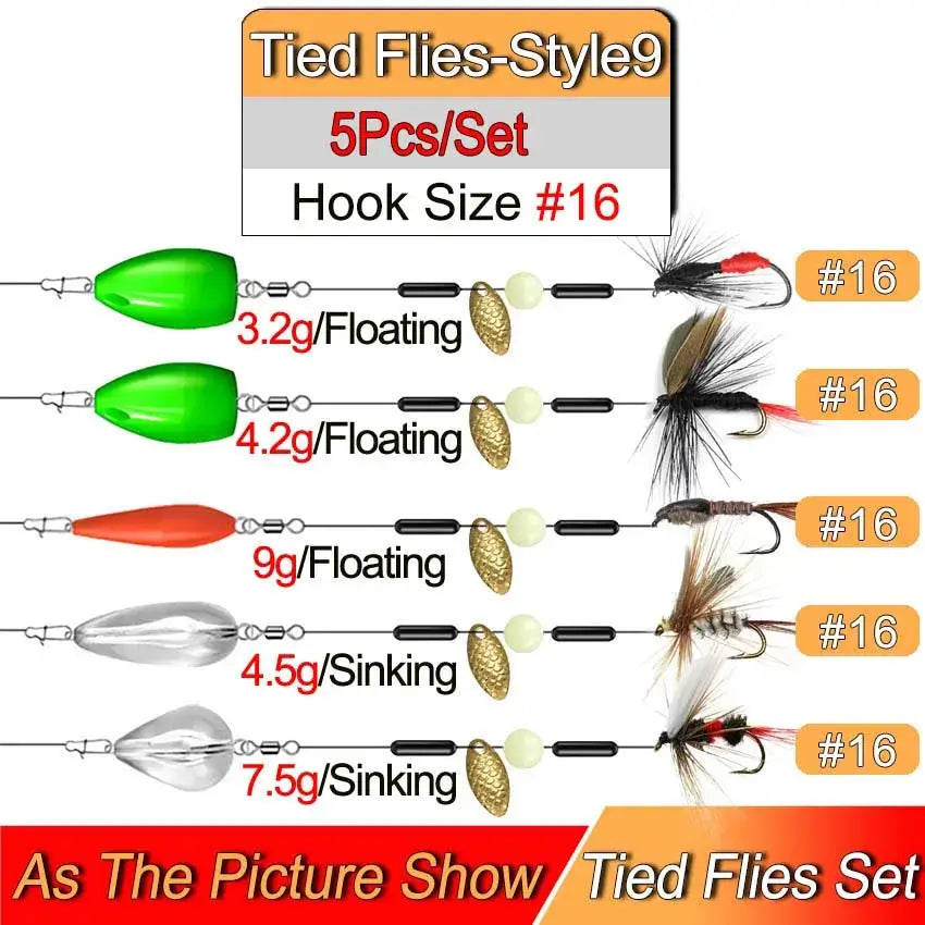 Ready Tied Flies Set, 5 pcs with various weights and hook size #16, designed for effective trout fishing.