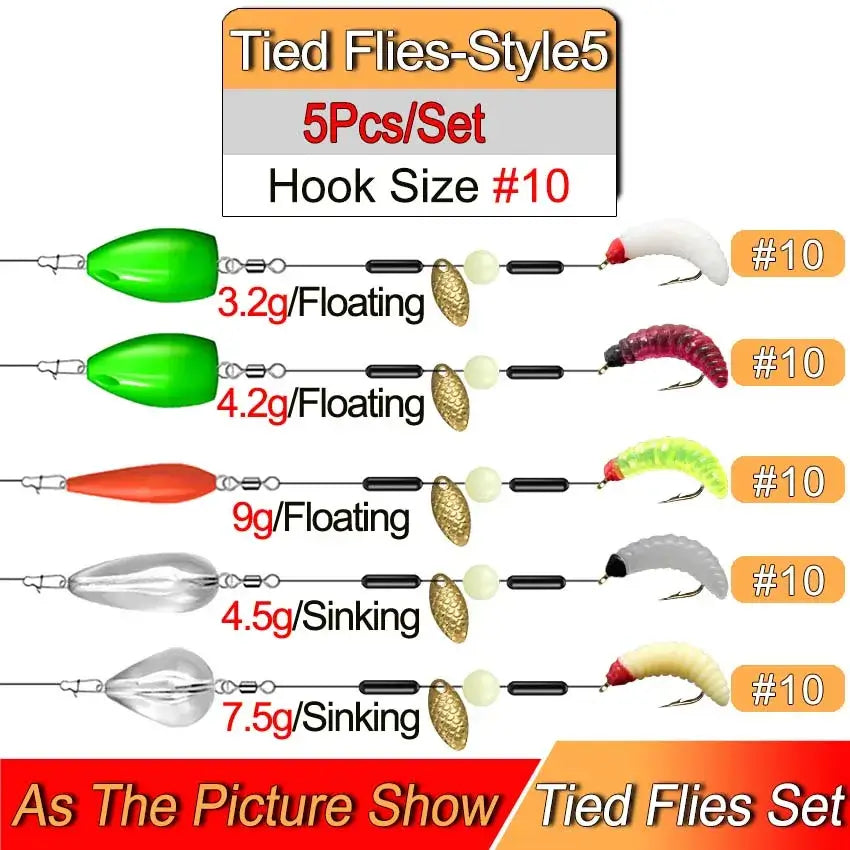 Ready Tied Flies Set with 5 different lures, sizes #10, featuring floating and sinking options for trout fishing.