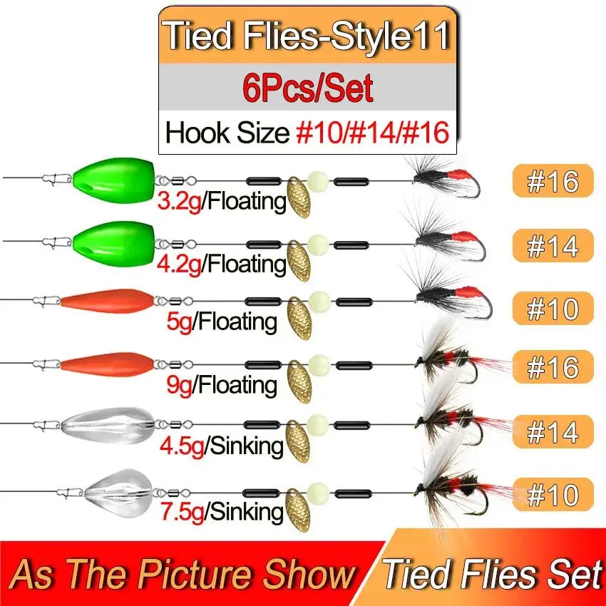 Ready Tied Flies Set with various weights and hook sizes for trout fishing. Includes 6 pieces for a versatile fishing experience.