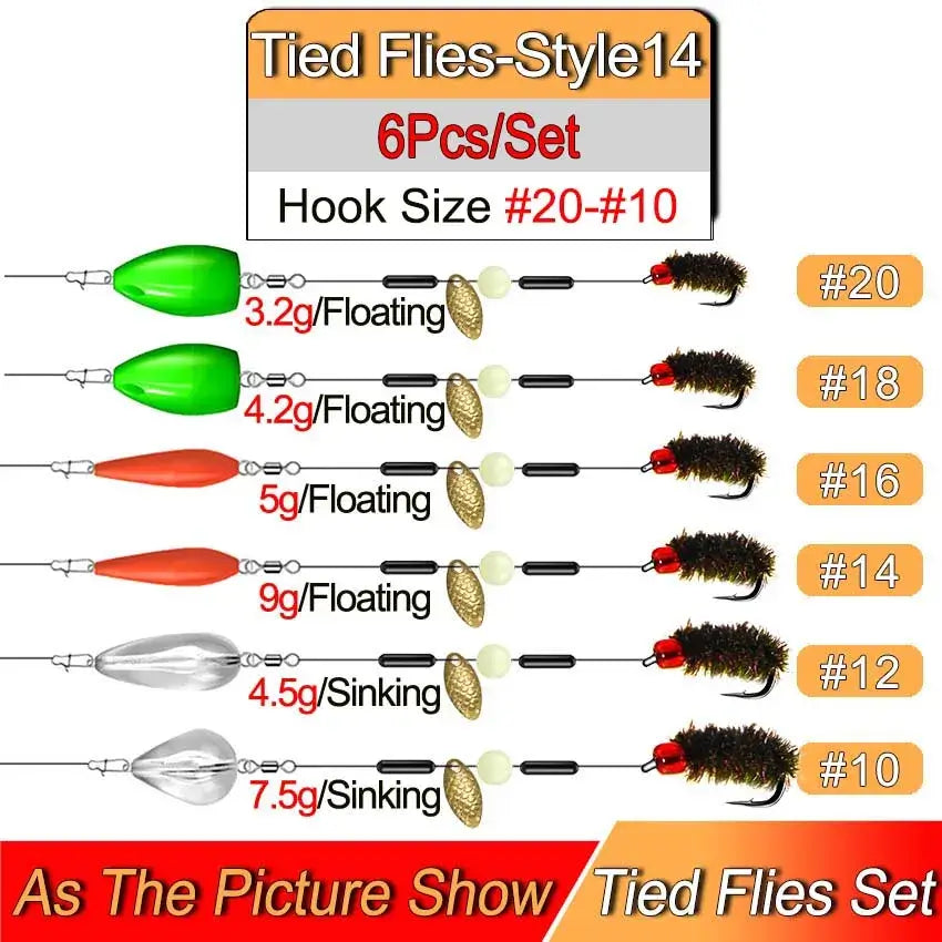 Tied flies set with floating and sinking options, sized #20 to #10 for trout fishing, featuring 6 assorted lures.