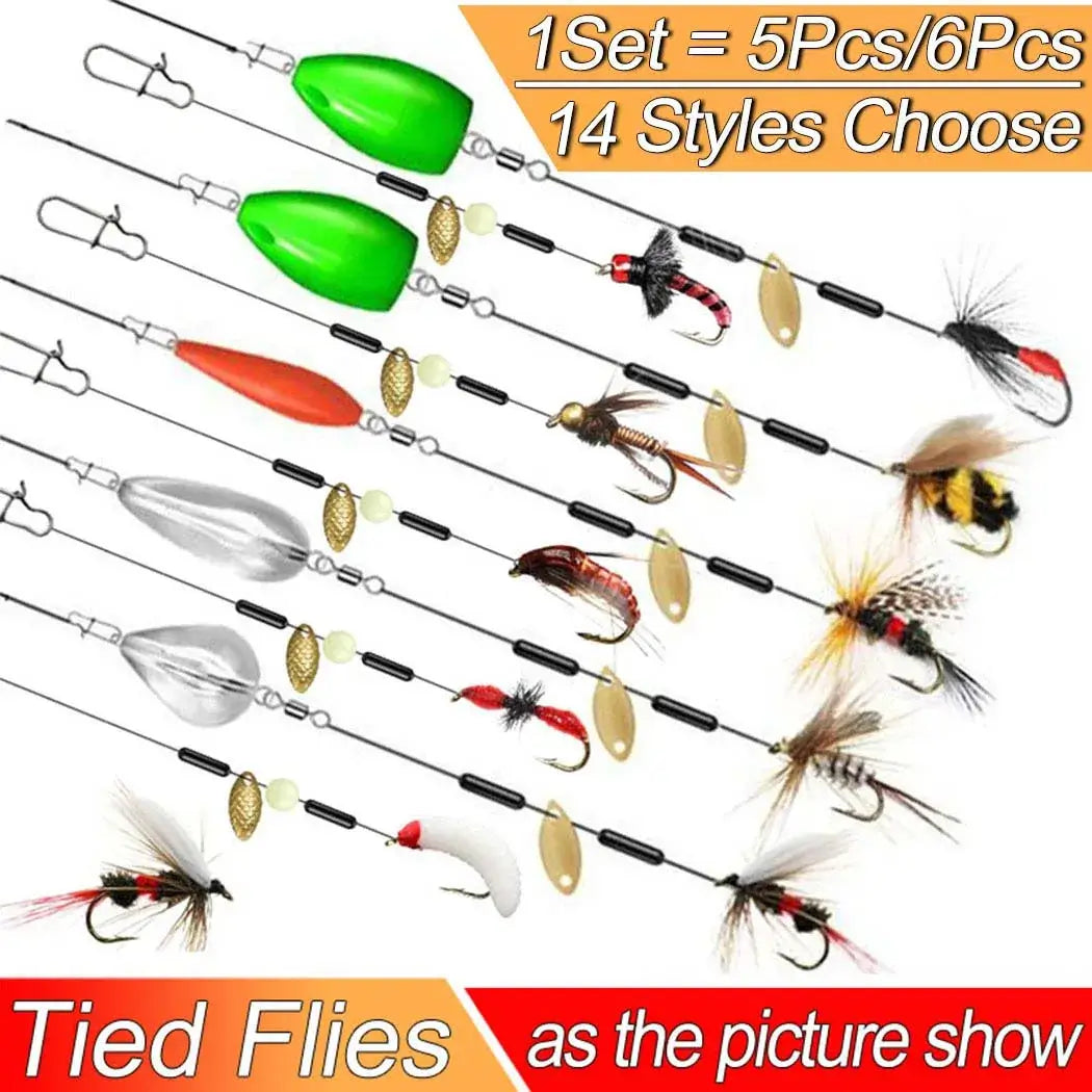 Ready tied flies set with spinners and lures, perfect for trout fishing in various water conditions.