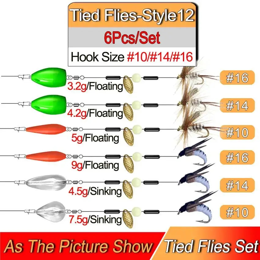 Ready Tied Flies Set with 6 pieces, featuring various hook sizes and floating/sinking options for trout fishing.