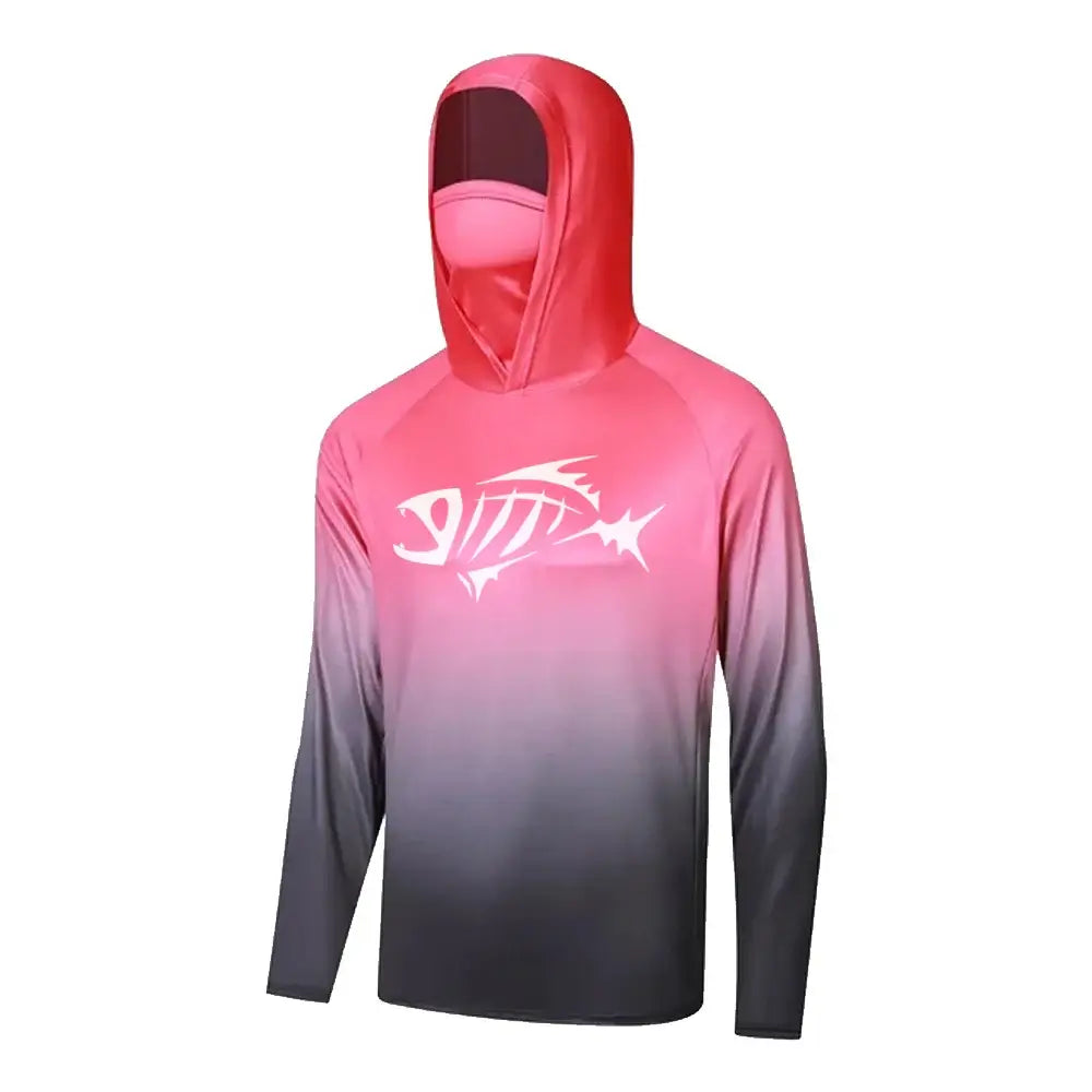 Men's long sleeve fishing hoodie in pink with fish logo and integrated mask for UV protection and moisture-wicking.