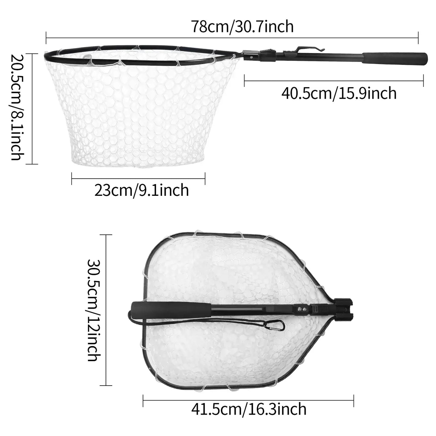 Retractable landing fishing net with measurements; features a telescoping handle and foldable design for easy transport.