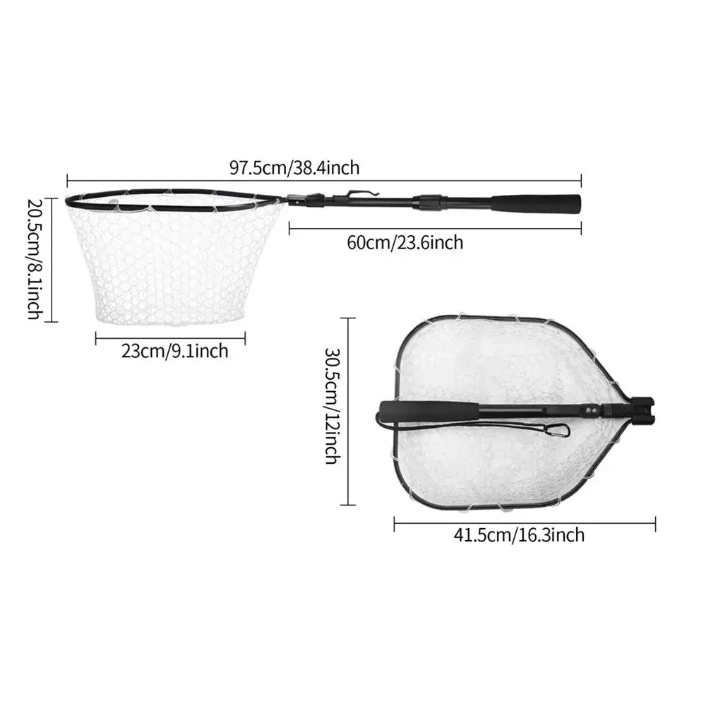 Dimensions of a retractable landing fishing net with telescoping pole, showcasing its foldable design for easy transport.