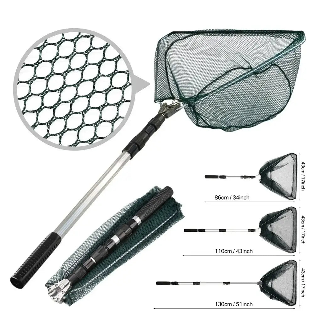 Retractable landing fishing net with telescoping pole and durable mesh for freshwater fish catch and release.