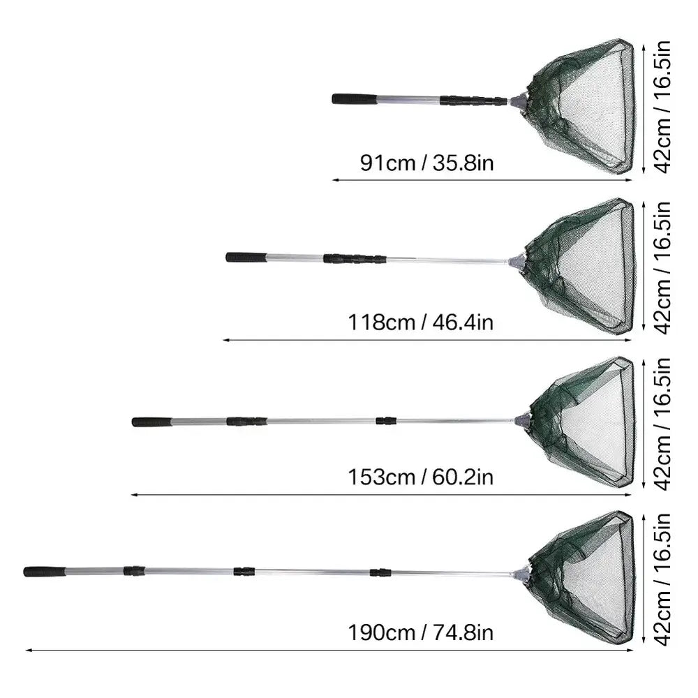 Retractable Landing Fishing Net sizes: 91cm, 118cm, 153cm, and 190cm for freshwater fishing.
