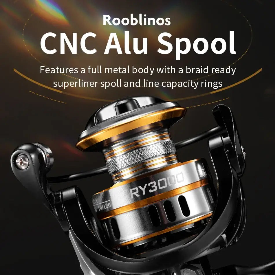 ROOBLINOS RY3000 CNC aluminum fishing reel spool with durable metal body and line capacity rings.