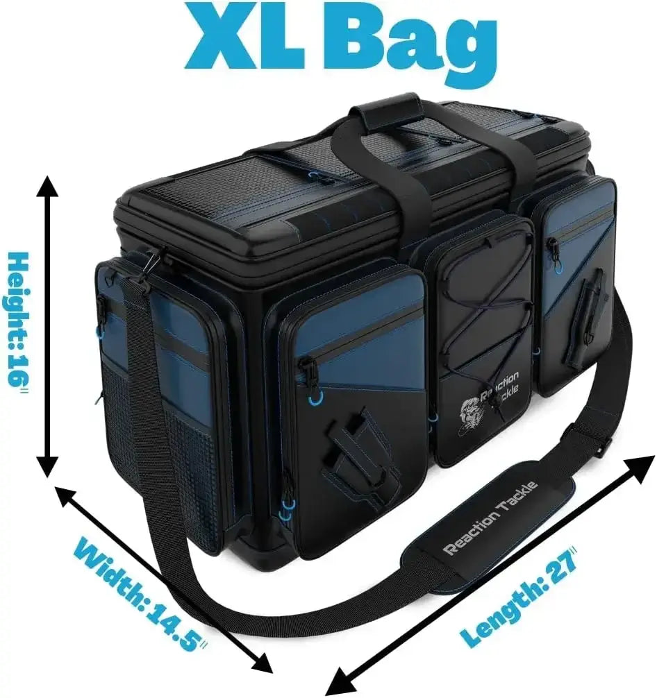 XL saltwater resistant fishing tackle bag, waterproof 1000D PVC, spacious compartments for organized gear.
