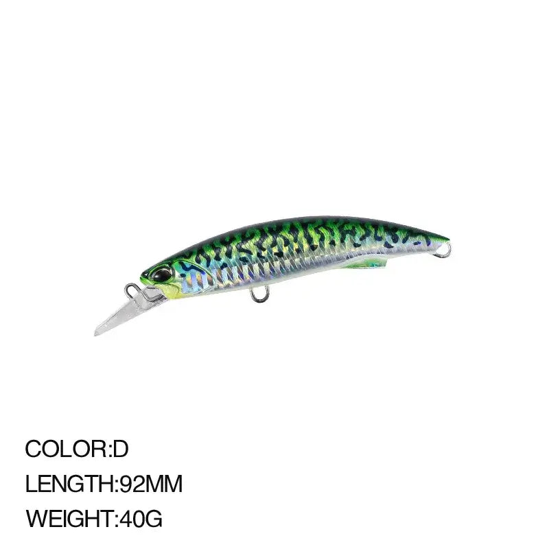 Sea fishing minnow lure, 92mm length, 40g weight, designed to attract bass and bluefish with realistic action.