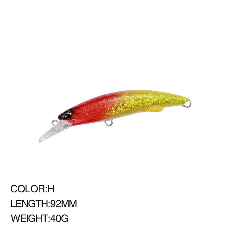 Sea Fishing Minnow lure in red and yellow, 92mm long and 40g weight, designed for saltwater fishing success.