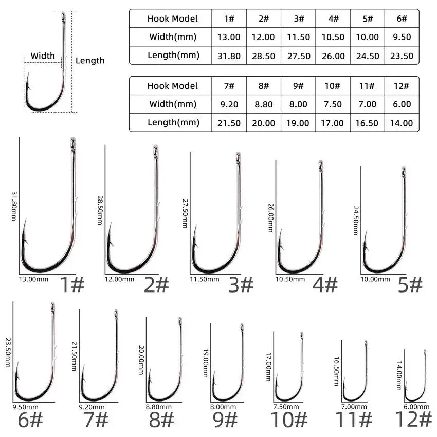 Diagram of various sizes and models of baitholder fishing hooks, showing dimensions and specifications for anglers.
