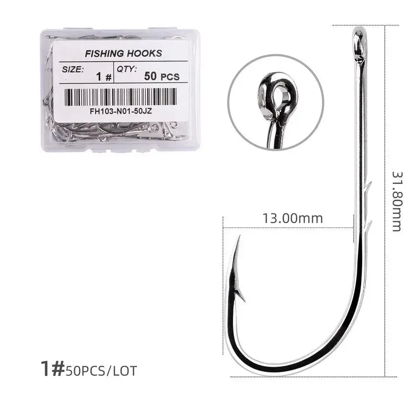 Sea.Yolo 50Pcs Baitholder Fishing Hooks set with barbed designs, ideal for carp fishing and worm bait.