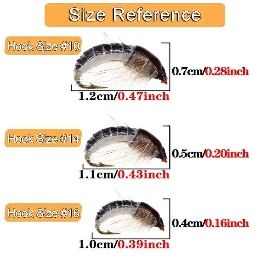 Size reference for fishing hooks, showing dimensions of sizes #10, #14, and #16 with corresponding measurements in centimeters and inches.