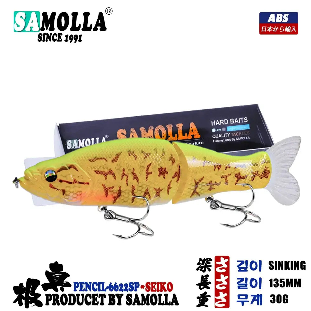 30G SAMOLLA slow-sinking swim bait for pike and bass with realistic design and hooks, perfect for aggressive strikes.