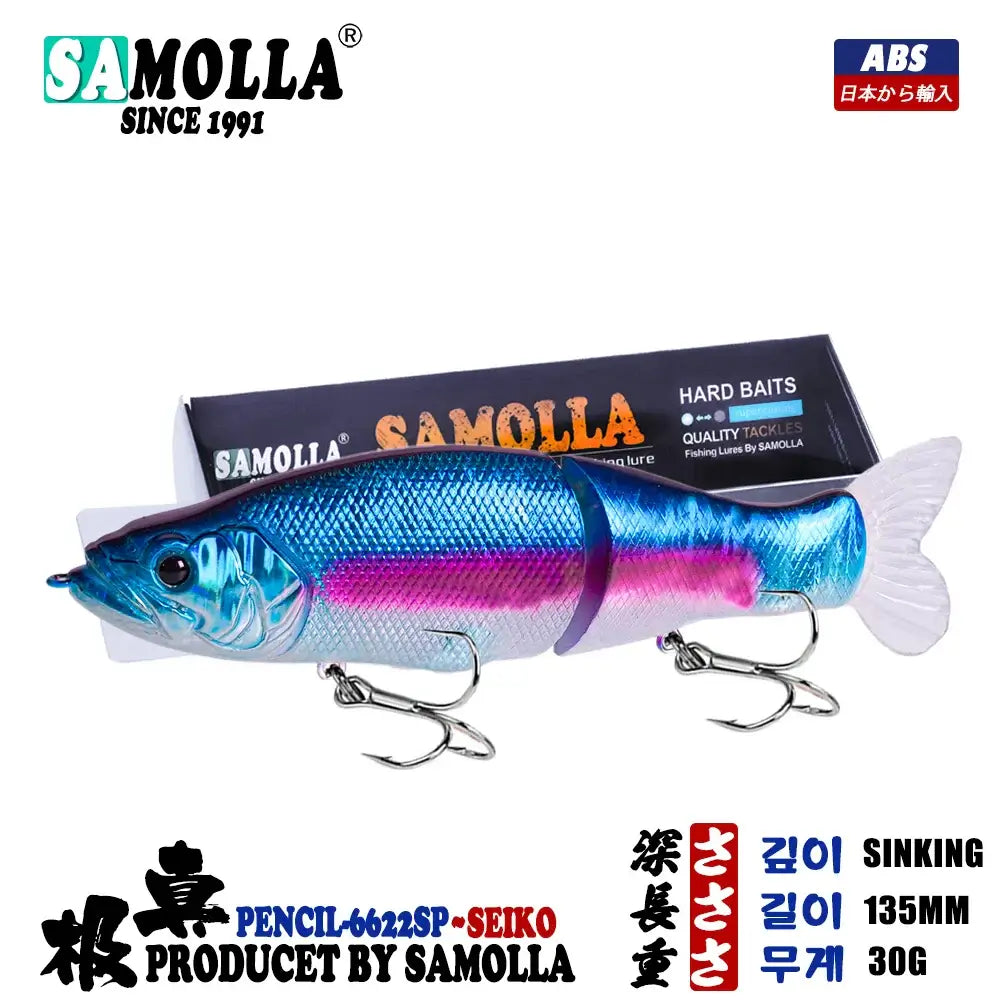 Slow sinking 30G swim bait fishing lure by Samolla, perfect for pike and bass with vibrant colors and hard bait design.