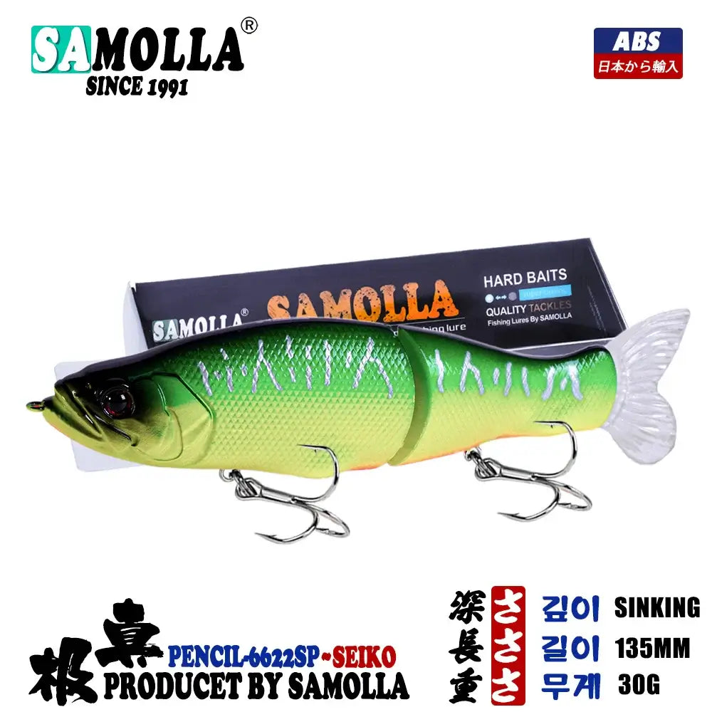 30G slow sinking swim bait with vibrant green design for pike and bass fishing by Samolla, featuring a soft tail for vibration.
