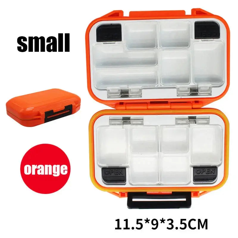Waterproof orange fishing tackle box with double-sided compartments for hooks and bait, measuring 11.5x9x3.5cm.