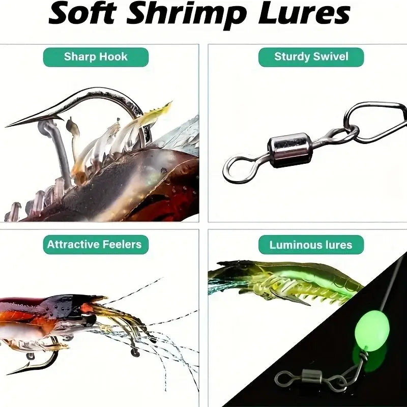 Close-up of soft shrimp lures featuring sharp hooks, sturdy swivels, attractive feelers, and luminous effects for fishing.