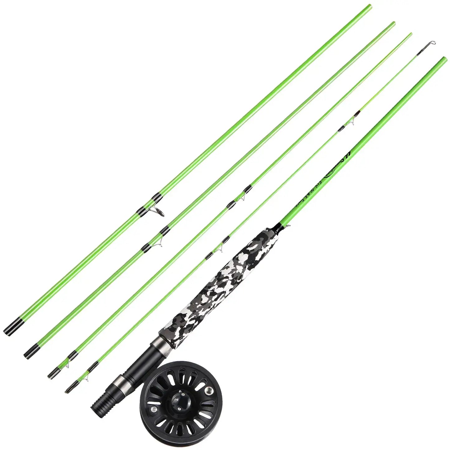 Sougayilang 5# fly fishing rod combo featuring bright green carbon fiber rods and reel, perfect for beginners.