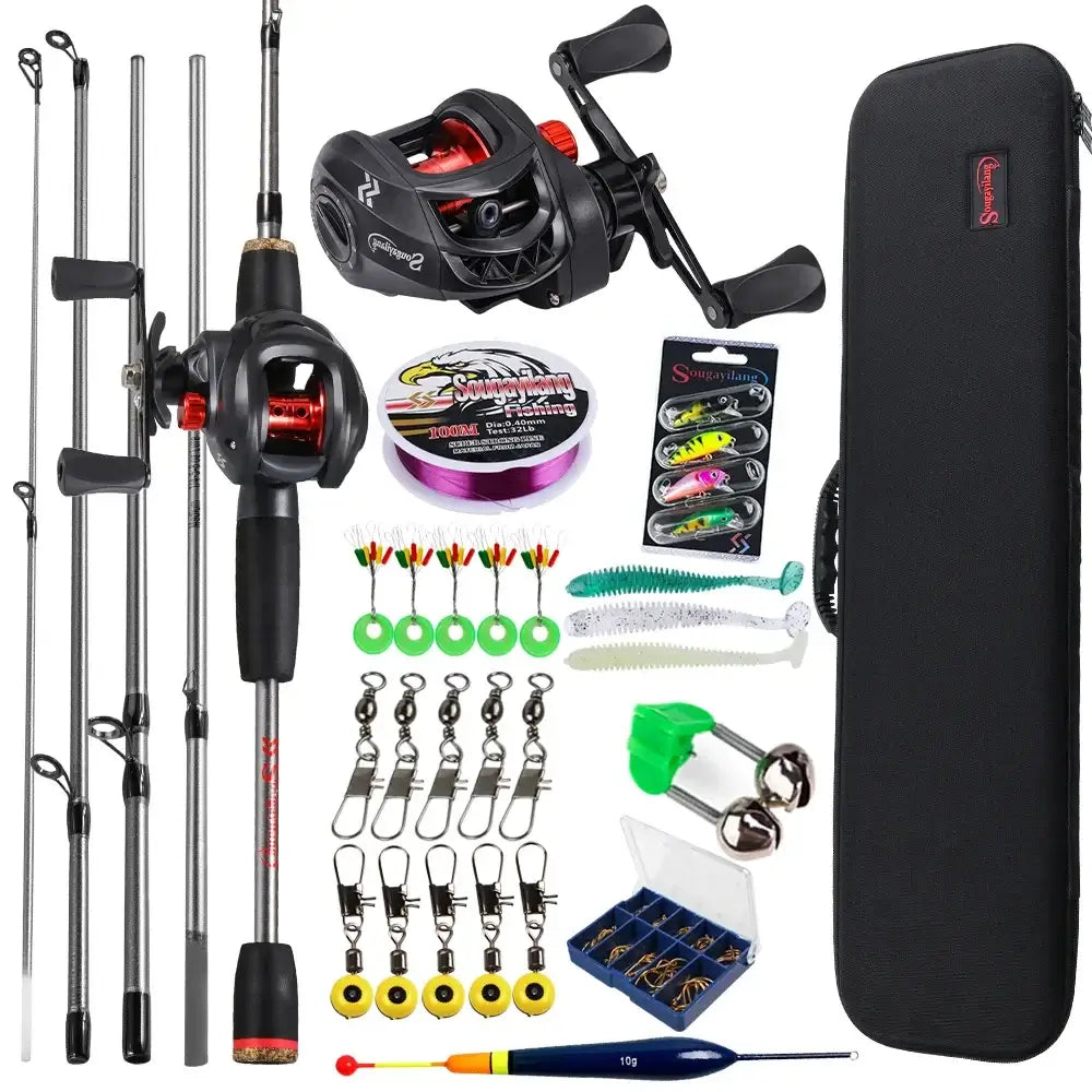 Sougayilang baitcasting fishing rod and reel combo with tackle kit, ideal for bass and carp fishing in lakes and rivers.