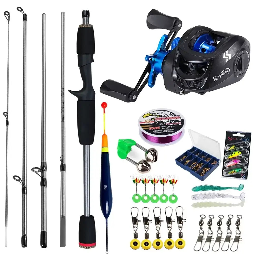 Sougayilang baitcasting rod and reel combo including fishing rod, reel, line, tackle, and accessories for bass carp fishing.