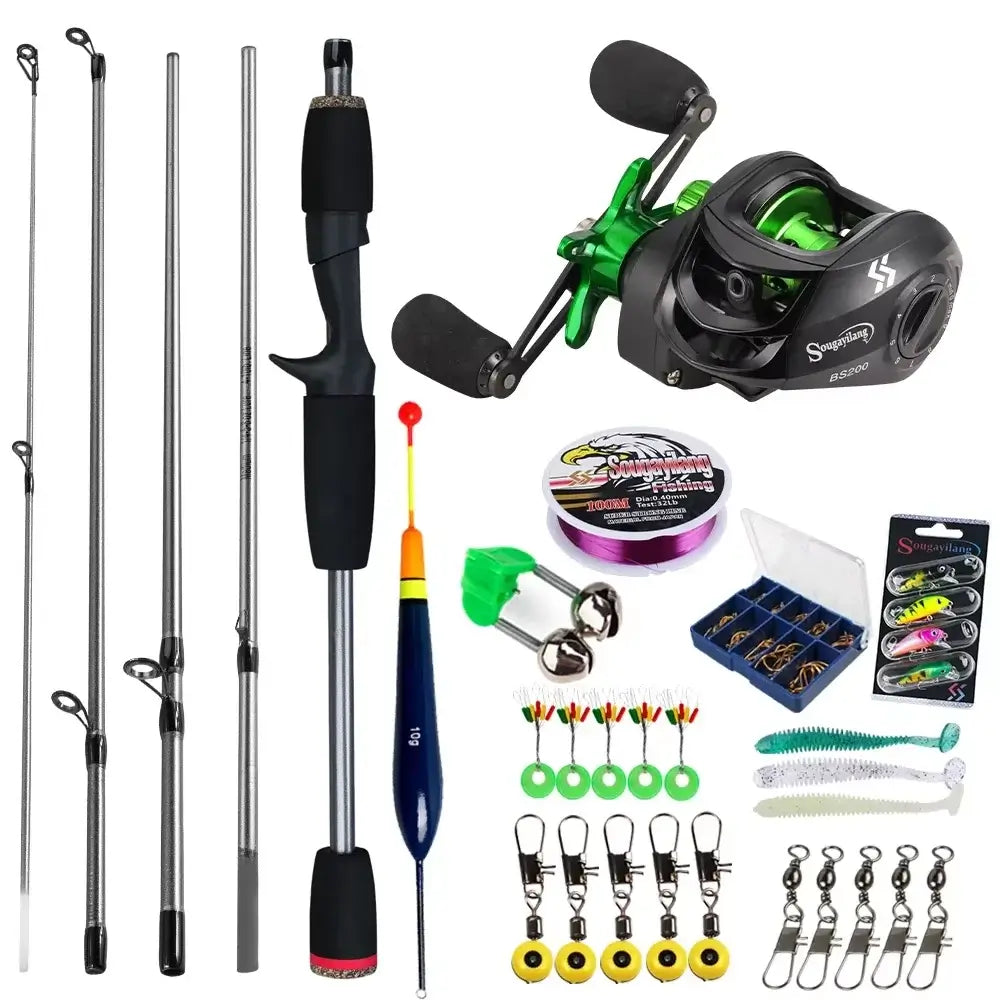 Sougayilang baitcasting fishing rod and reel combo with accessories for bass and carp fishing in lake and river.