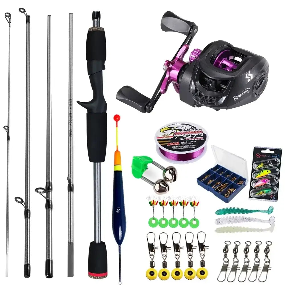 Sougayilang Baitcasting Fishing Rod and Reel Combo including rods, reel, and tackle kit for bass and carp fishing.