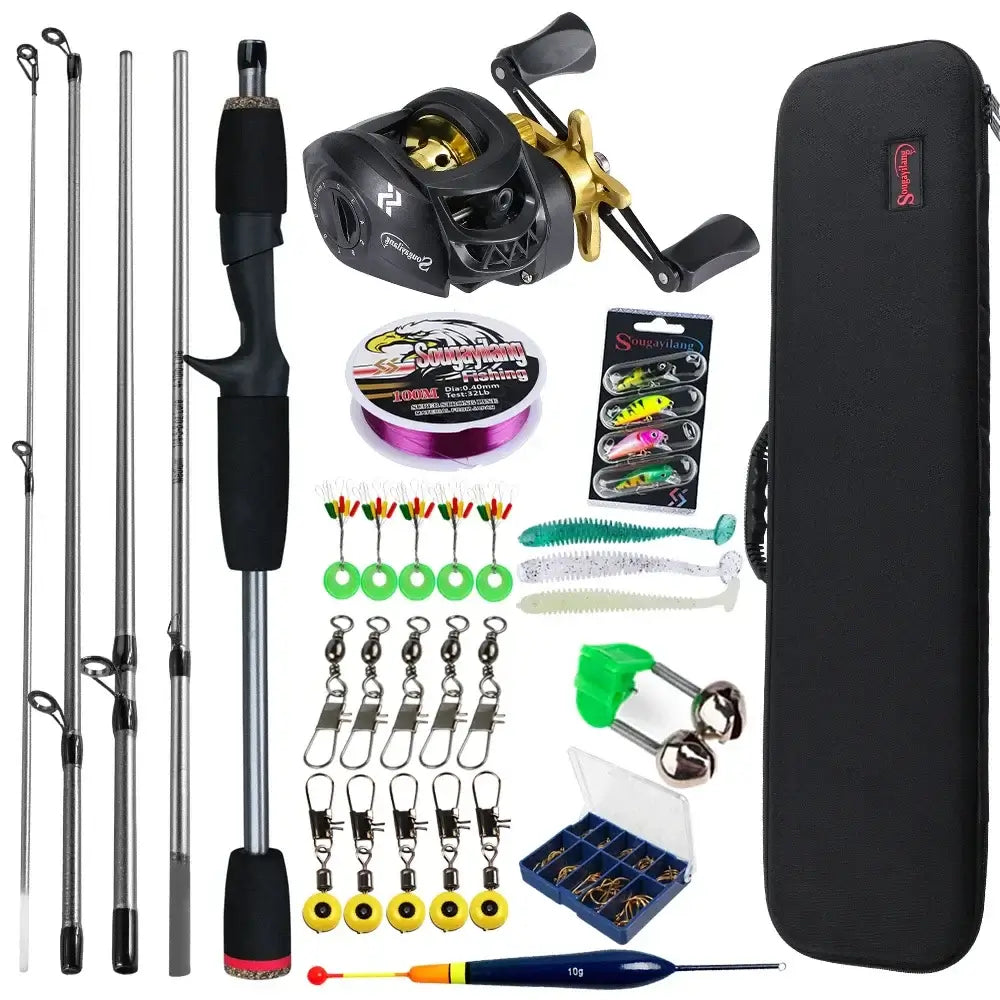 Sougayilang baitcasting fishing rod and reel combo with accessories for bass and carp fishing in a convenient kit.