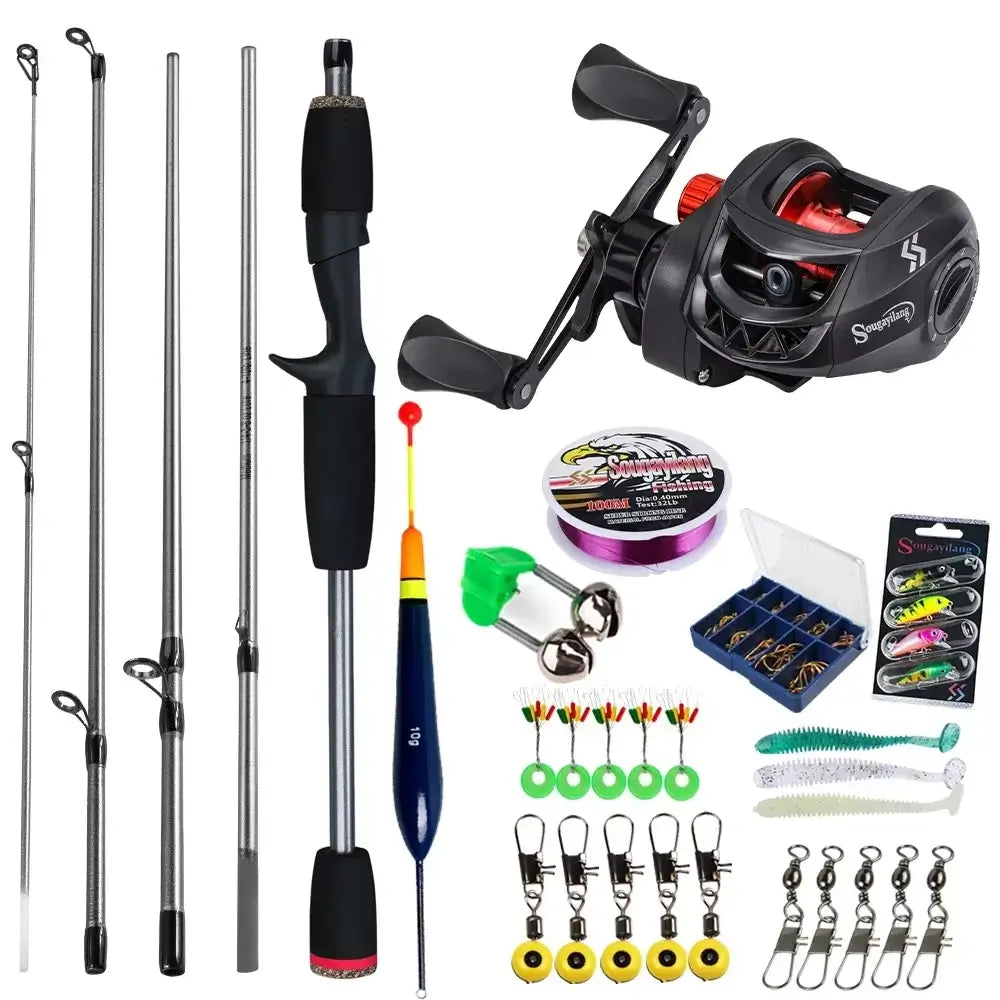 Sougayilang baitcasting fishing rod and reel combo kit with accessories for bass and carp fishing.