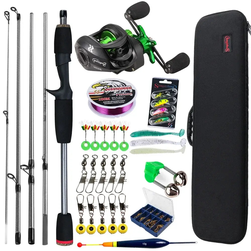 Sougayilang baitcasting fishing rod and reel combo with accessories for bass and carp fishing.
