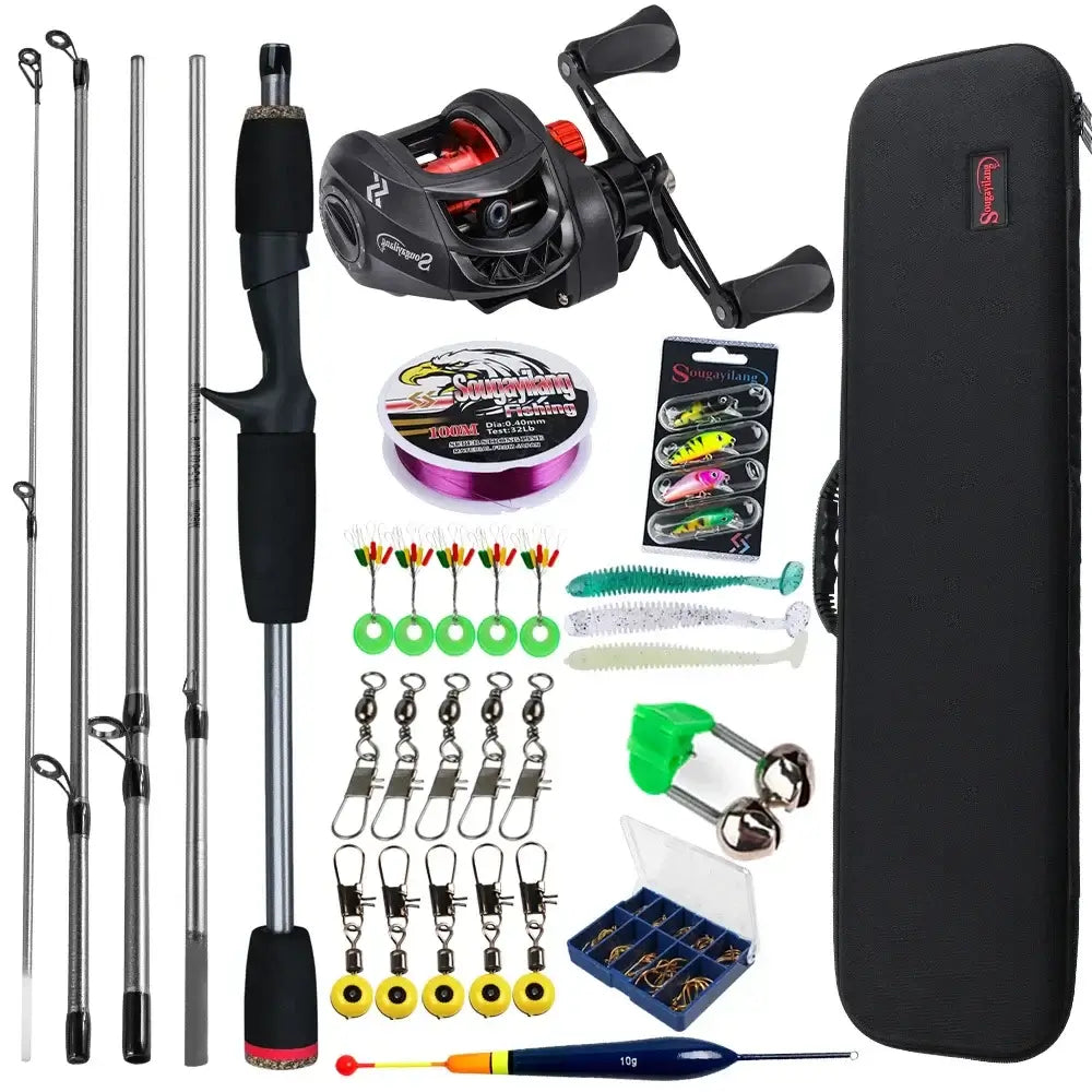 Sougayilang baitcasting fishing rod and reel combo with accessories, perfect for bass and carp fishing in lakes and rivers.