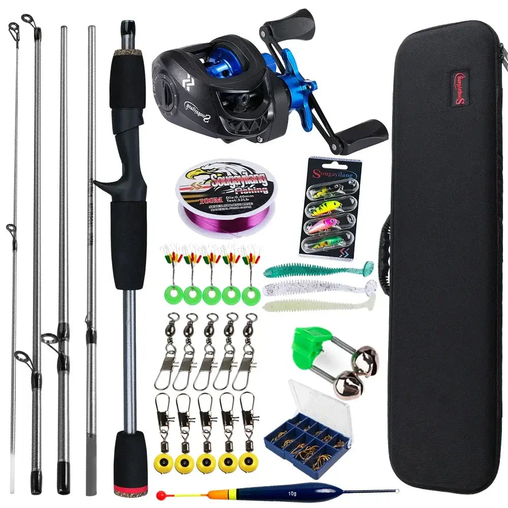 Sougayilang baitcasting fishing rod and reel combo full kit, ideal for bass and carp fishing in various water bodies.