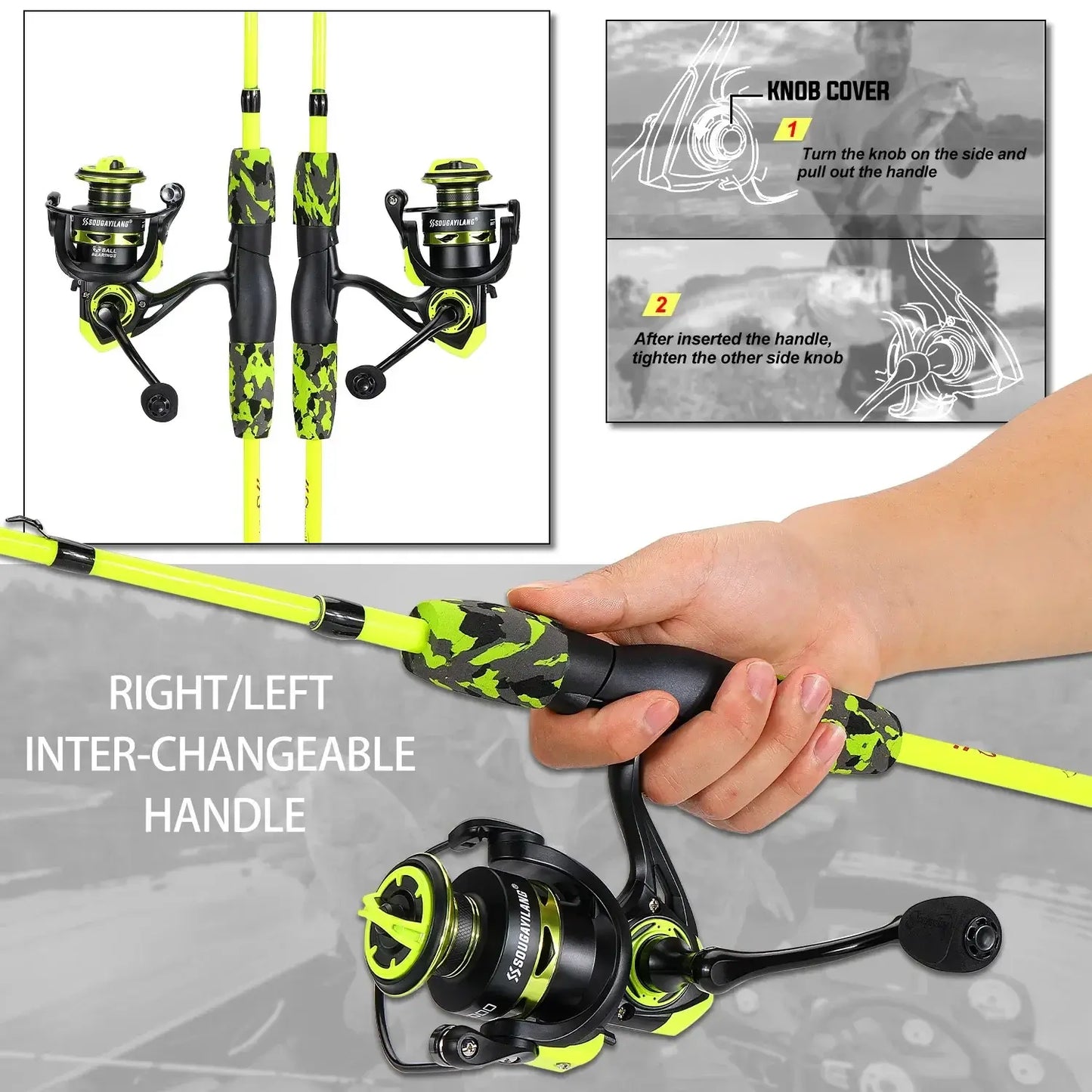 Sougayilang 1.7m fishing rod set with inter-changeable handle and spinning reel for freshwater fishing.
