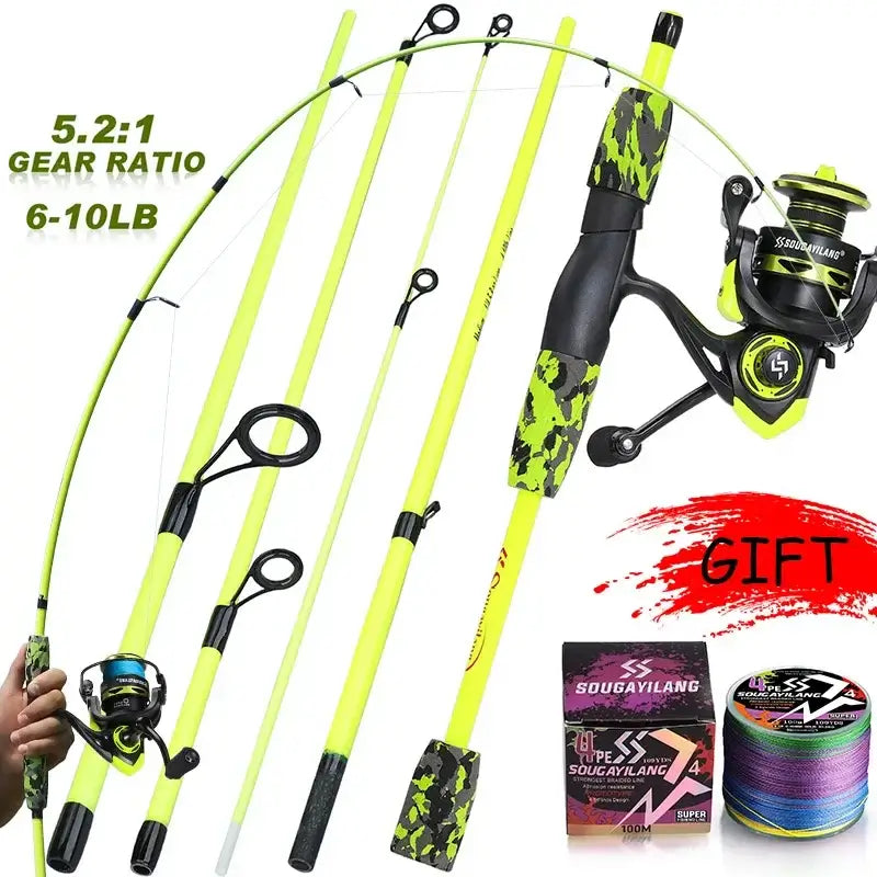 Sougayilang fishing rod set featuring a spinning reel with 5.2:1 gear ratio, ideal for freshwater fishing, gift option included.