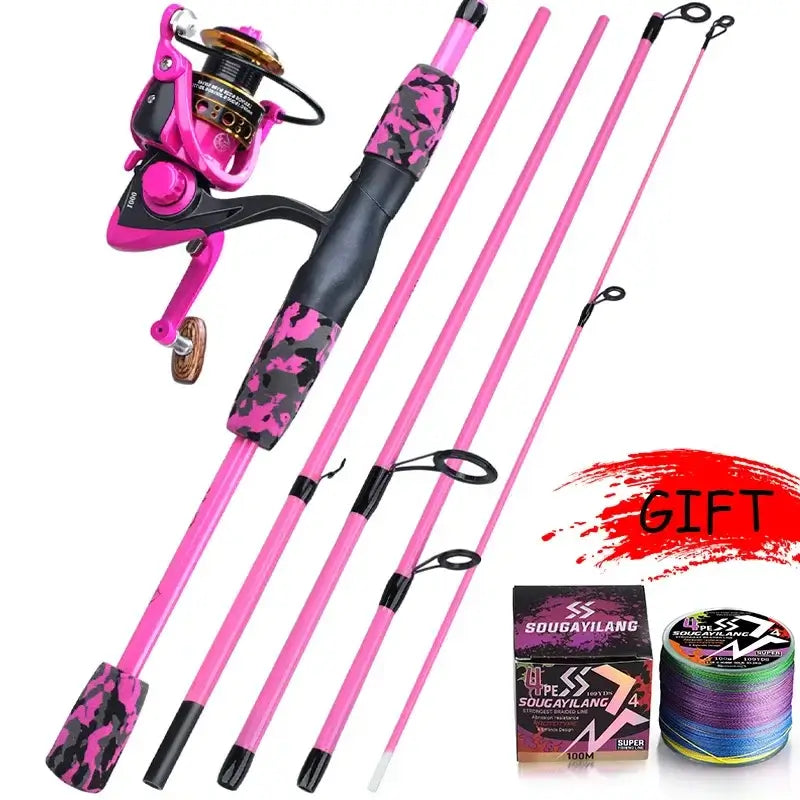 Sougayilang 1.7m pink spinning rod and reel set with camouflage grip, ideal for freshwater bass and pike fishing.