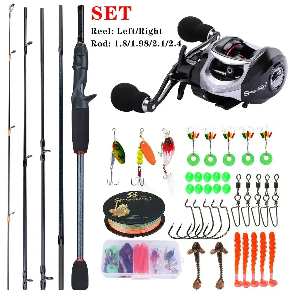 Sougayilang 5-section fishing rod and baitcasting reel set with various lures and accessories for carp fishing.