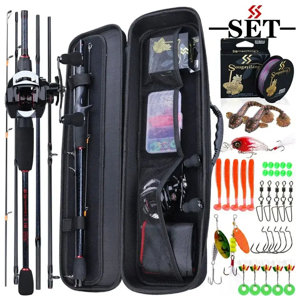 Sougayilang portable fishing rod and reels set in case, featuring 5-section rod, 12LB drag reel, and assorted lures.