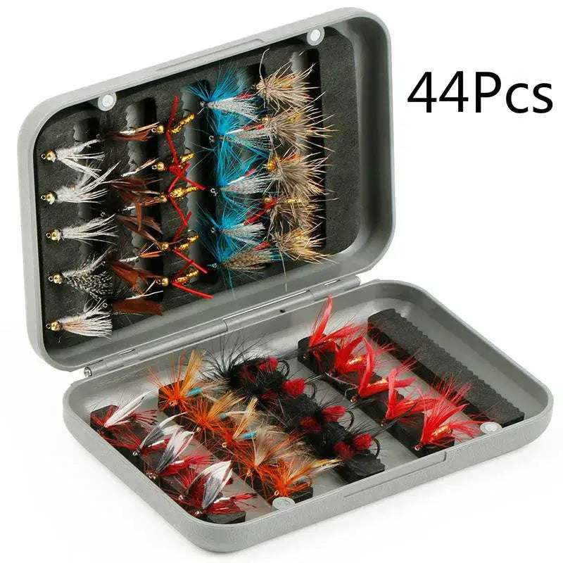 Sougayilang fly fishing lure kit in portable tackle box with 44 assorted hand-tied flies for bass and trout.