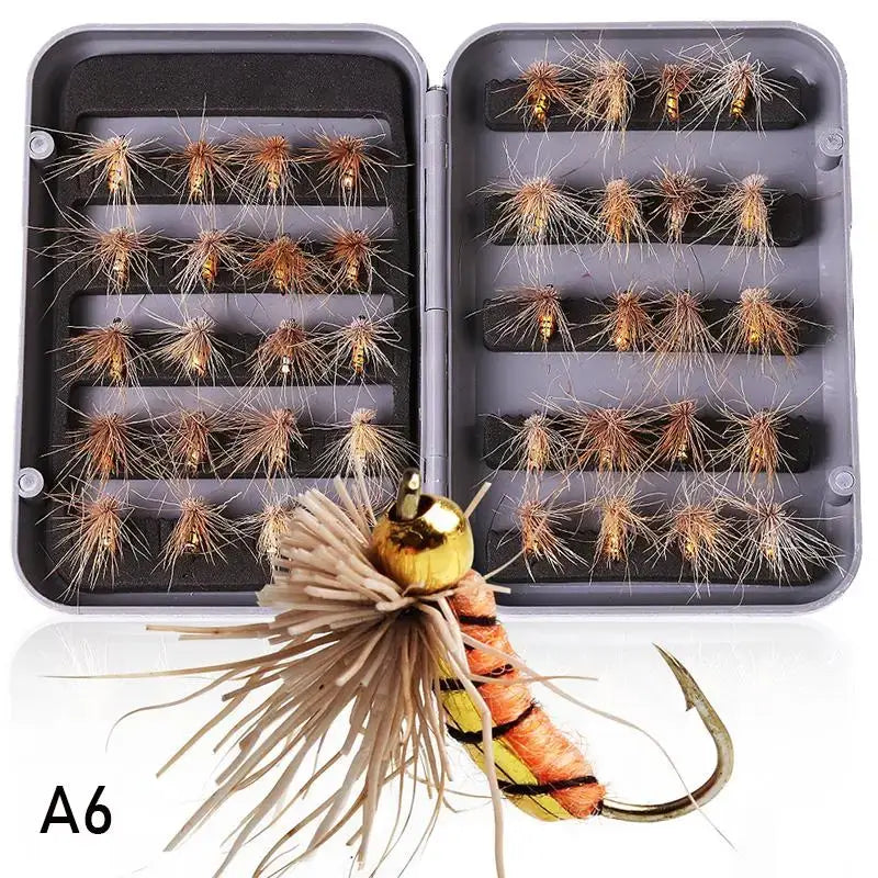 Sougayilang fly fishing lure kit in a tackle box, featuring hand-tied flies for freshwater and saltwater fishing.