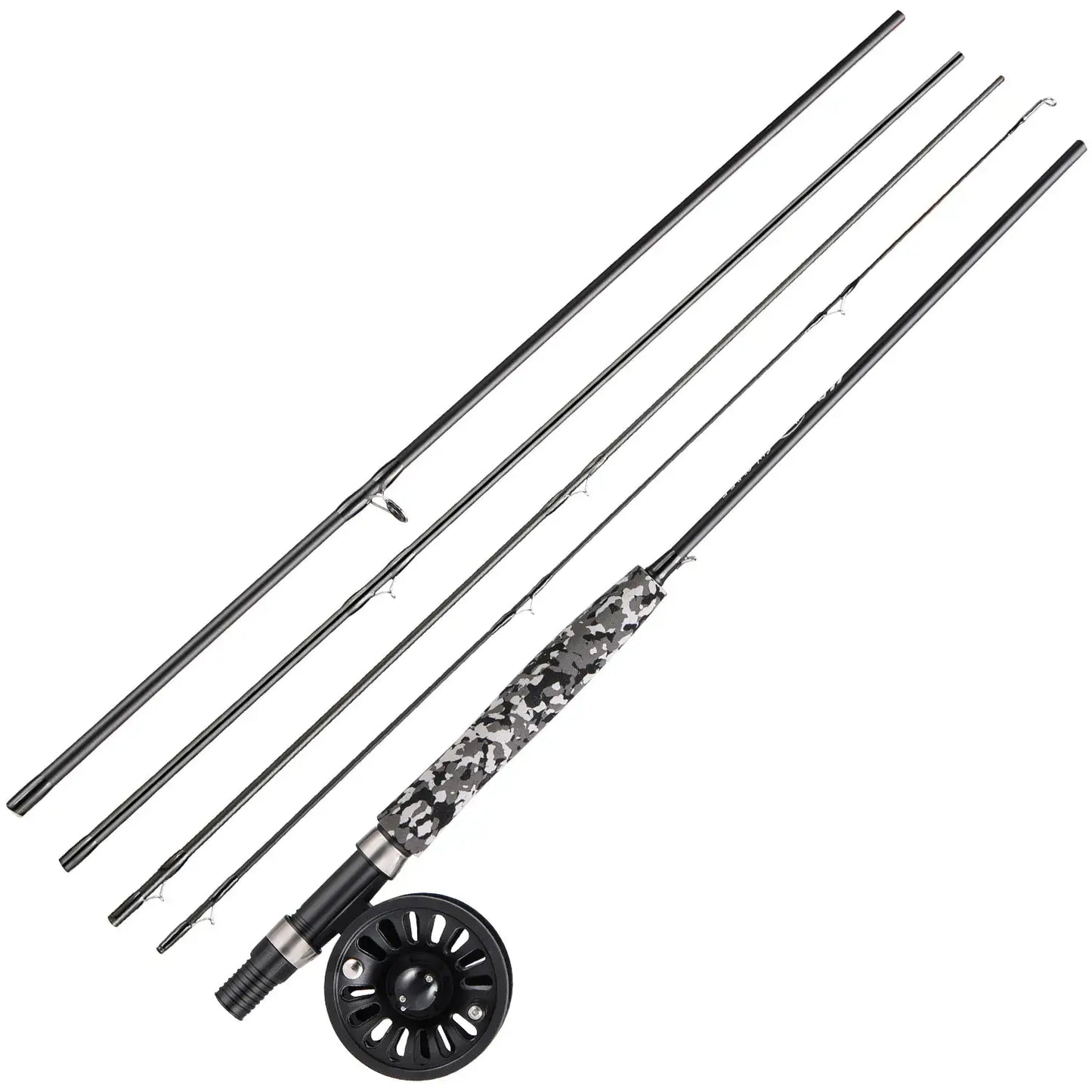 Sougayilang 5# fly fishing rod combo with four sections and reel, ideal for beginners and Trout fishing.