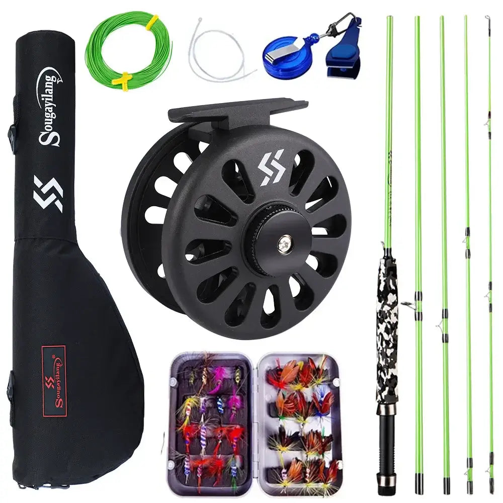 Sougayilang fly fishing rod and reel kit including rod, reel, line, and accessories for lake and river fishing.