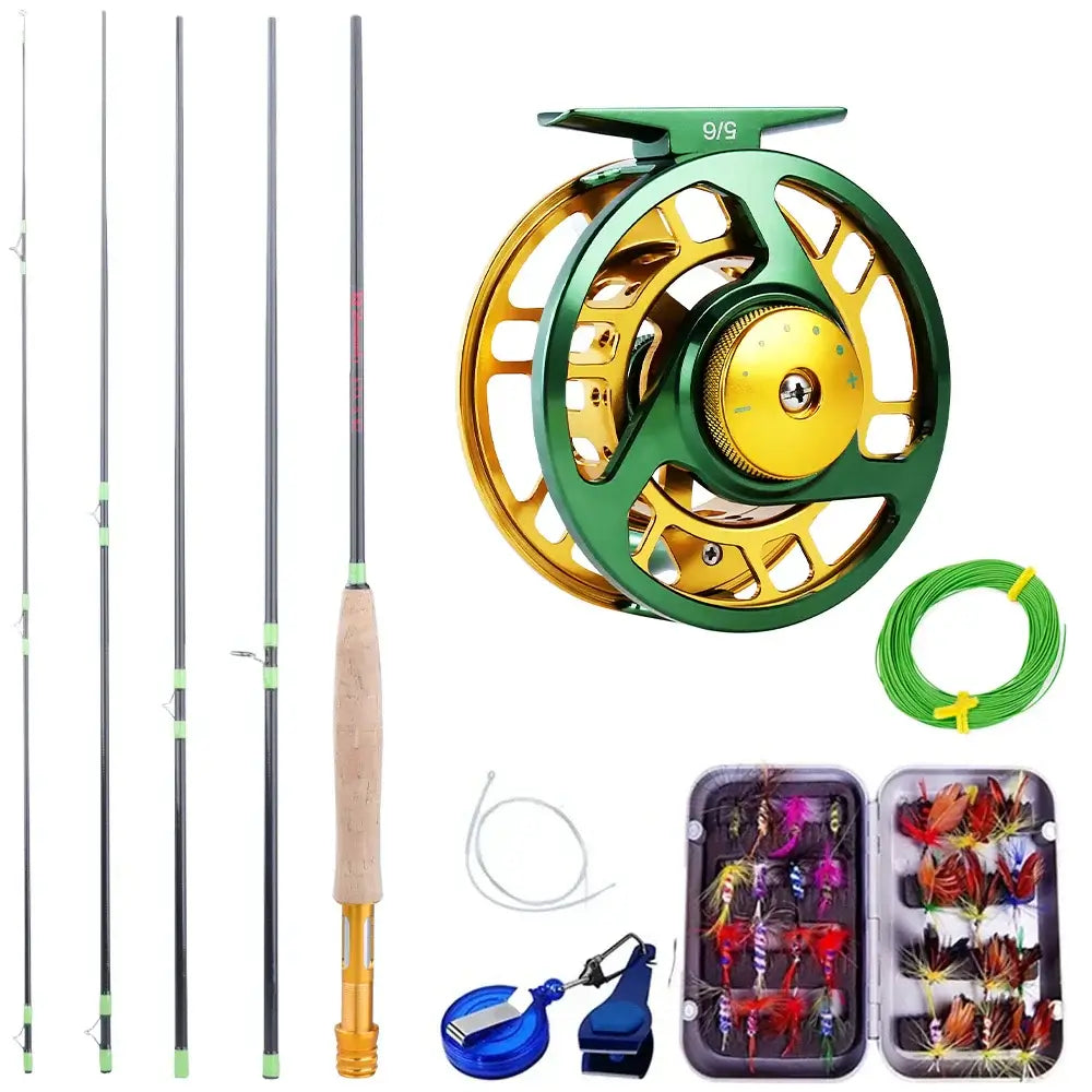 Sougayilang fly fishing rod and reel kit featuring 5 sections carbon rod, 5/6 reel, and assorted fly lures.